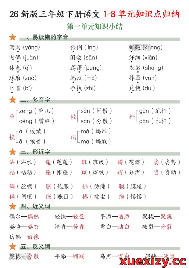 26春新版三年级下册语文1-8单元知识点归纳(电子版可打印)