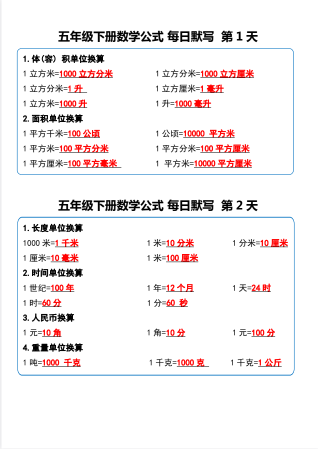 五年级下数学公式每日默写小纸条(可下载打印)